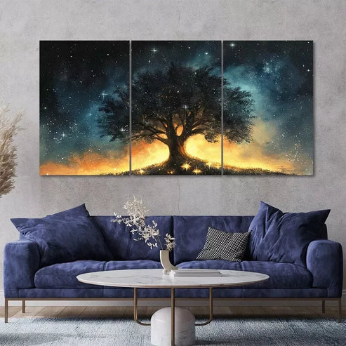 Starry Night Tree 3 Piece Painting Style Art Canvas Framed 60x90cm - High Quality Print 100% Australian Made Wall Canvas Ready to Hang