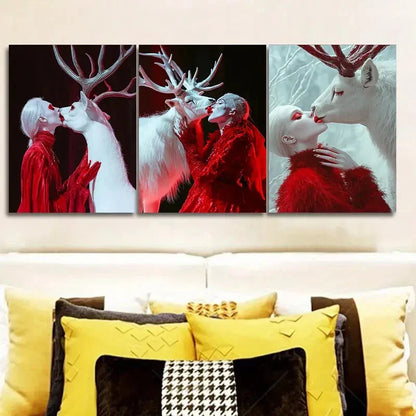 3pcs White Deer, girl (4) Wall Art Set Canvas Unframed - High Quality Print 100% Australian Made Wall Canvas