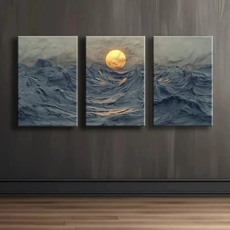 3pcs Abstract Ocean Waves And Sun Wall Art Set Canvas Framed 60x90cm - High Quality Print 100% Australian Made Wall Canvas Ready to Hang - Bella Home Decor