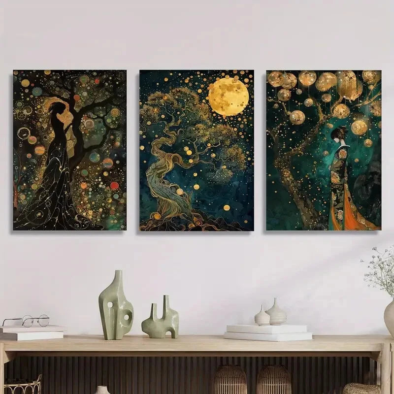 3pcs Depicting a Girl Illuminated by The Moon Metal Print Ready to Hang Art