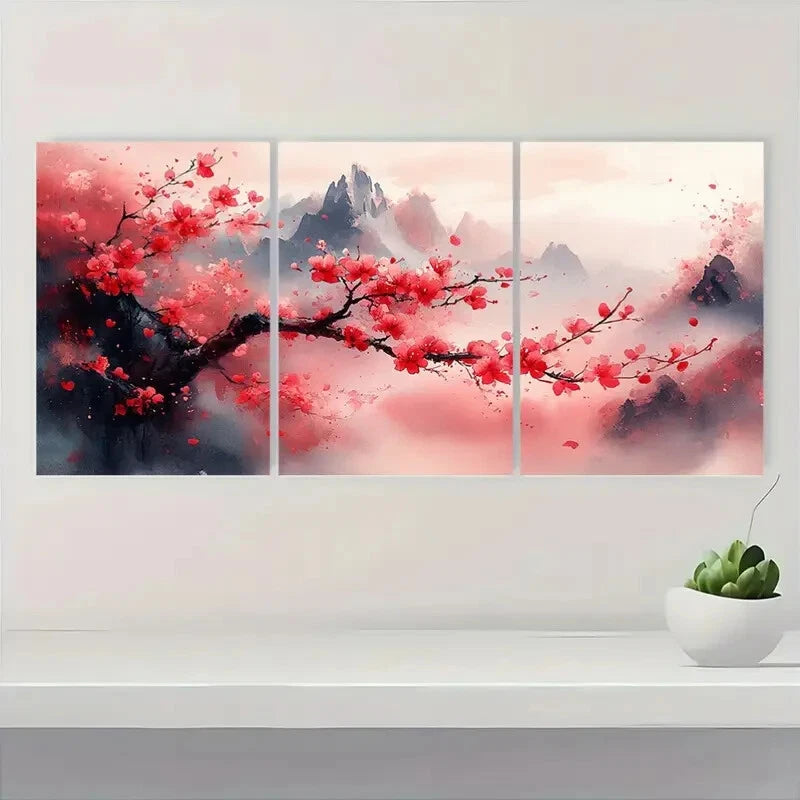 3pcs Pink Sakura Tree with Mountains and Clouds Metal Print Ready to Hang Art
