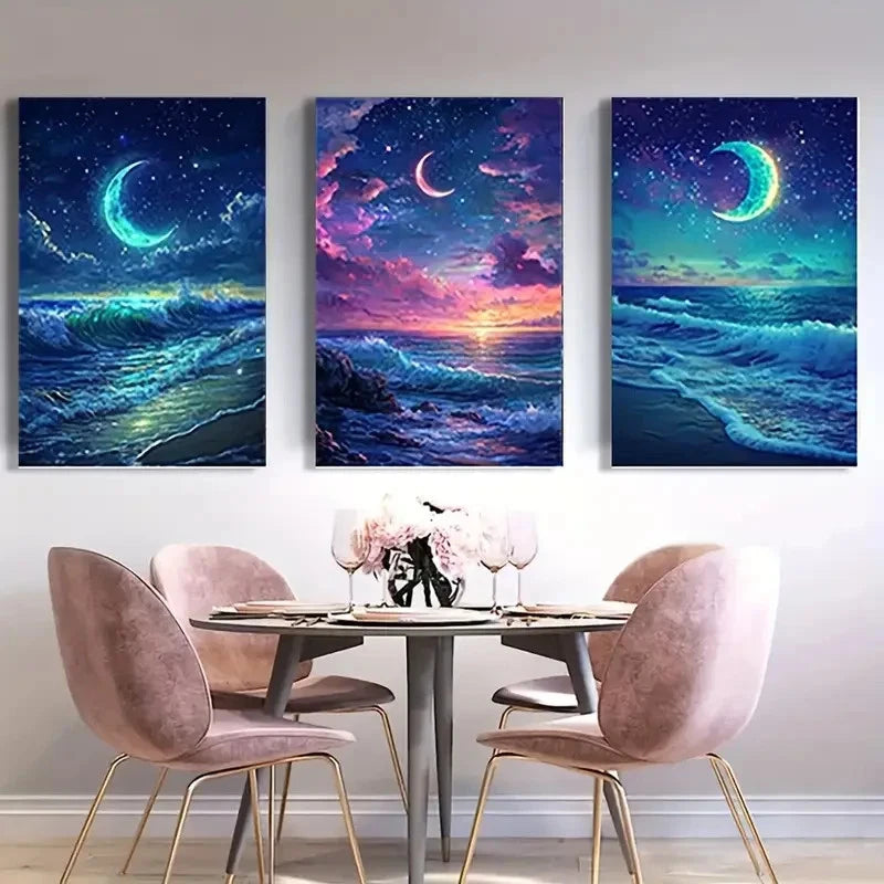 3pcs Sparkling Waves & Crescent Moon   Wall Art Canvas Framed 40x60cm - High Quality Print 100% Australian Made Wall Canvas Ready to Hang - Bella Home Decor