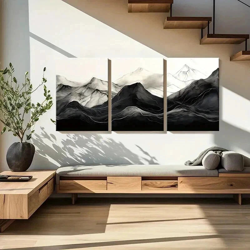 3pcs Zen Aesthetic Black & White Mountain Wall Art Set Canvas Framed 40x60cm - High Quality Print 100% Australian Made Wall Canvas Ready to Hang - Bella Home Decor