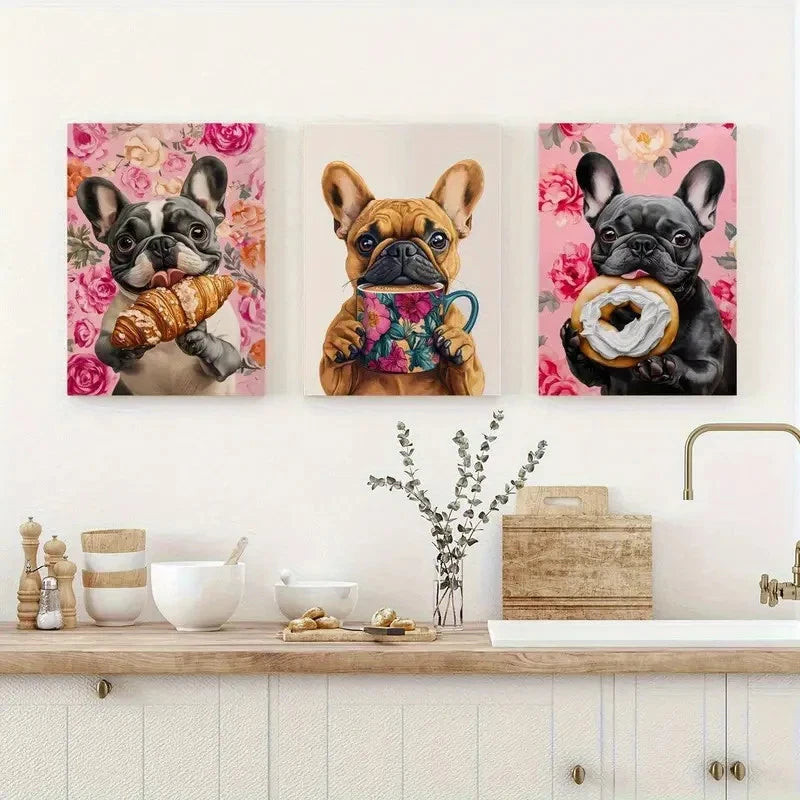3pcs French Bulldog Fun Dog Painting Metal Print Ready to Hang Art - Bella Home Decor