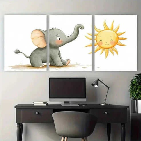 3pcs Babar Elephant doing Yoga Sun Salutation Wall Art Canvas Unframed - High Quality Print 100% Australian Made Wall Canvas - Bella Home Decor