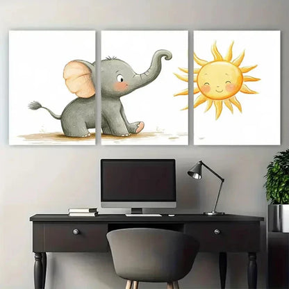 3pcs Babar Elephant doing Yoga Sun Salutation Wall Art Canvas Unframed - High Quality Print 100% Australian Made Wall Canvas - Bella Home Decor