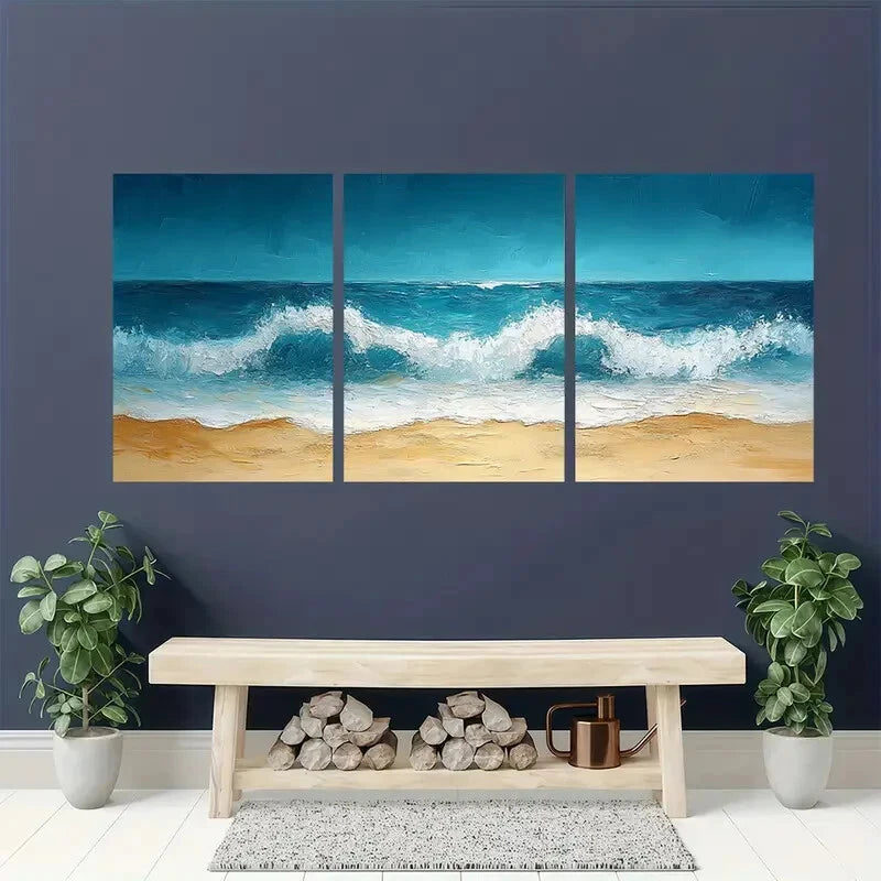 3pcs Abstract Minimalist Beach Oil Painting Metal Print Ready to Hang Art - Bella Home Decor