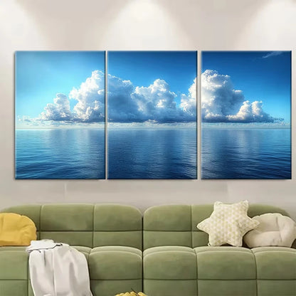 3pcs Tranquil Cumulus Clouds Over Calm Sea Metal Print Ready to Hang Art - Bella Home Decor