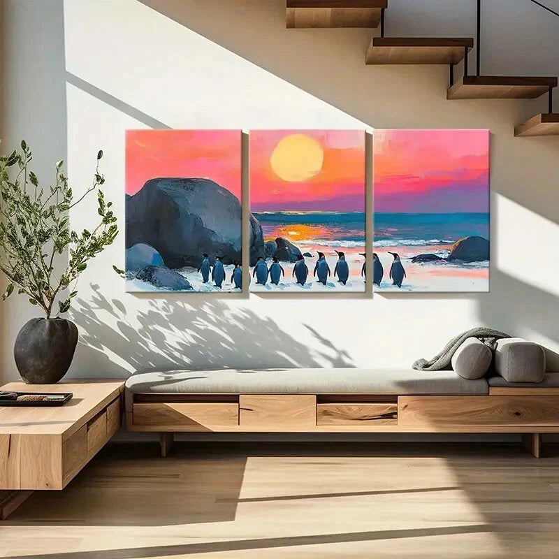 3pcs Artistic Penguins Sunset Beach Landscape Metal Print Ready to Hang Art - Bella Home Decor