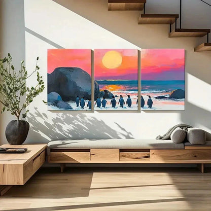 3pcs Artistic Penguins Sunset Beach Landscape Metal Print Ready to Hang Art - Bella Home Decor