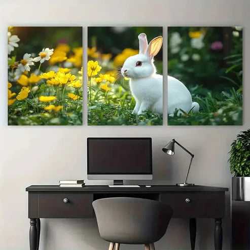 3pcs Charming White Bunny Spring Floral Wall Art Canvas Unframed - High Quality Print 100% Australian Made Wall Canvas - Bella Home Decor
