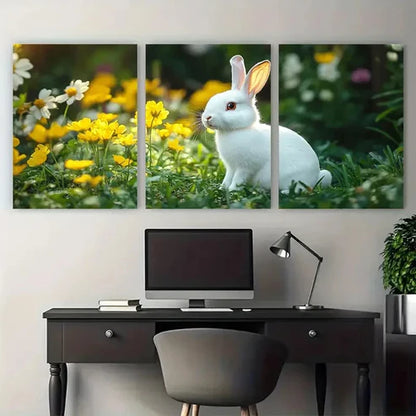3pcs Charming White Bunny Spring Floral Wall Art Canvas Unframed - High Quality Print 100% Australian Made Wall Canvas - Bella Home Decor