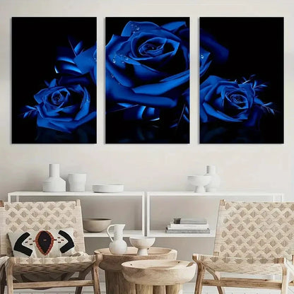 3pcs Royal Blue Rose Flowers Blossom Painting Metal Print Ready to Hang Art - Bella Home Decor
