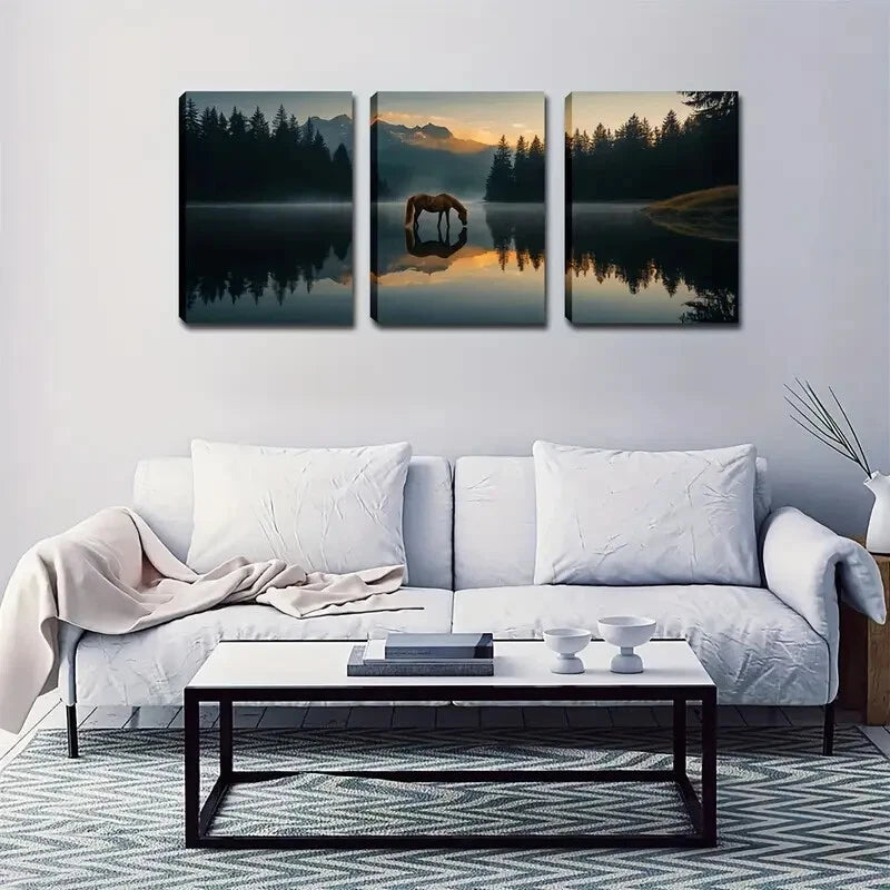 3pcs Majestic Horse In Forest And Lake Perfect Wall Art Set Canvas Framed 60x90cm - High Quality Print 100% Australian Made Wall Canvas Ready to Hang - Bella Home Decor