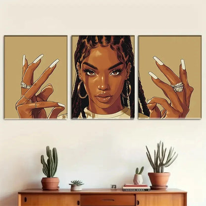 3pcs African American Girl with Long Nails Metal Print Ready to Hang Art - Bella Home Decor