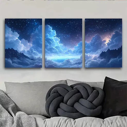 3pcs Starry Night Sky Dreamy Blue Galaxy Wall Art Canvas Unframed - High Quality Print 100% Australian Made Wall Canvas