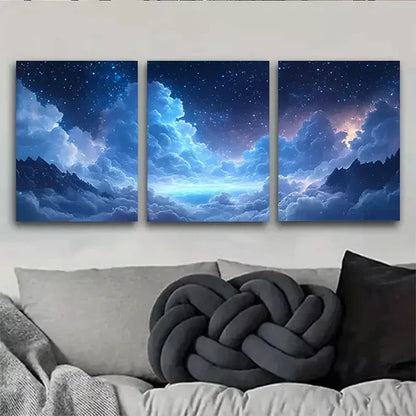 3pcs Starry Night Sky Dreamy Blue Galaxy Wall Art Canvas Unframed - High Quality Print 100% Australian Made Wall Canvas