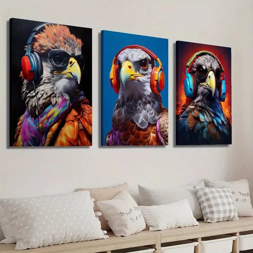 3pcs Vibrant Falcon with Headphones Wall Art Set Canvas Unframed - High Quality Print 100% Australian Made Wall Canvas