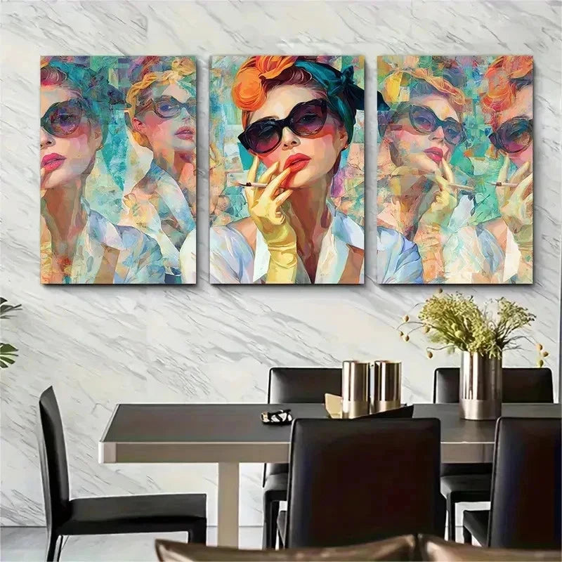 3pcs Retro Fashion Glasses & Floral Hair Perfect Wall Art Set Canvas Framed 50x70cm - High Quality Print 100% Australian Made Wall Canvas Ready to Hang