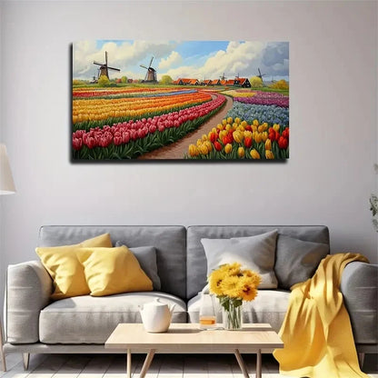 Dutch Tulip Garden Windmills Wall Art Canvas Office Home Room Framed 120x60cm