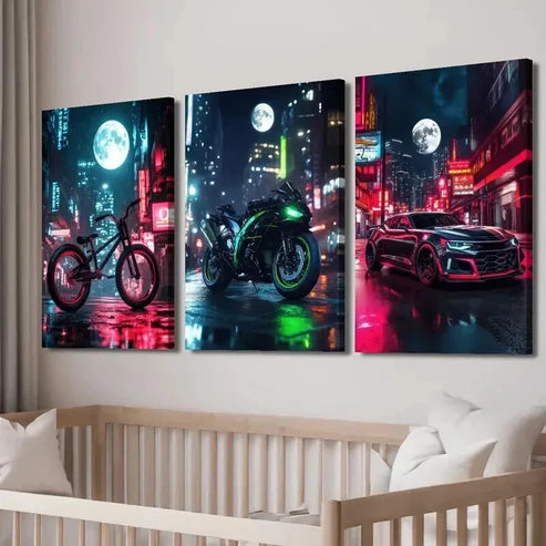 3pcs Black & Green Motorcycle and Sports Wall Art Canvas Unframed - High Quality Print 100% Australian Made Wall Canvas - Bella Home Decor