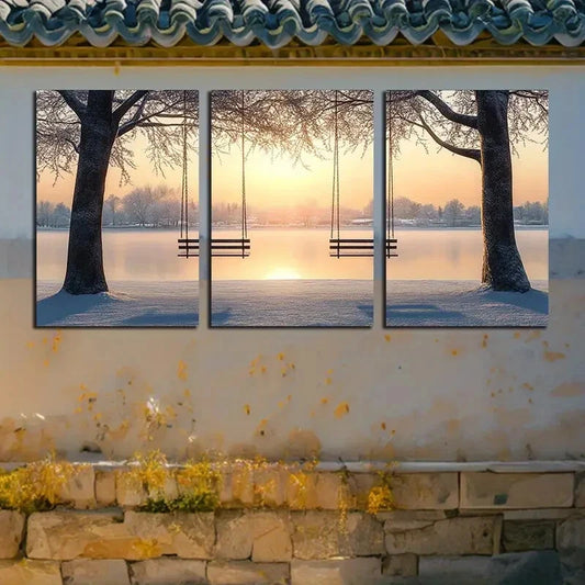 3pcs Serene Lake & Snow Scene Metal Print Ready to Hang Art