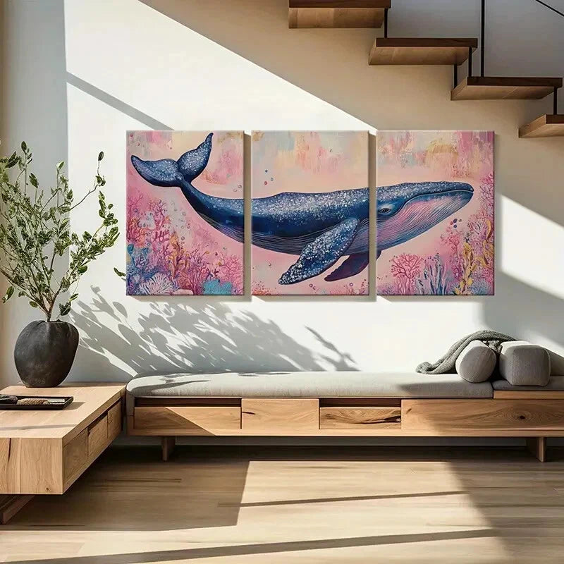 3pcs Whale Art Ocean Life Abstract Painting Metal Print Ready to Hang Art - Bella Home Decor
