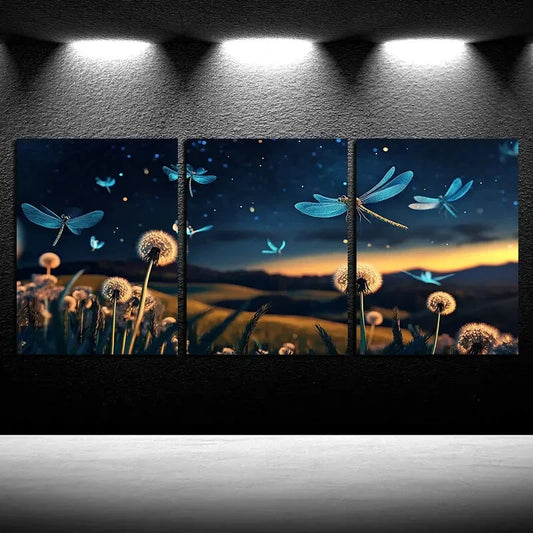 3pcs Dandelion Field with Dragonflies Illustration Metal Print Ready to Hang Art