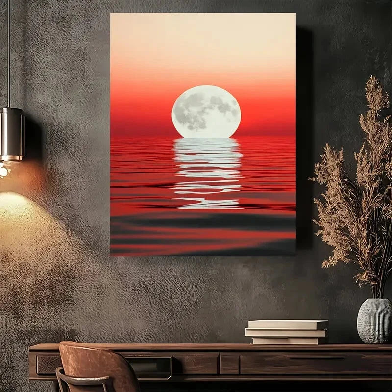 Beautiful Full Moon Reflection on Red Water Painting 40x60cm Metal Print Ready to Hang - Bella Home Decor
