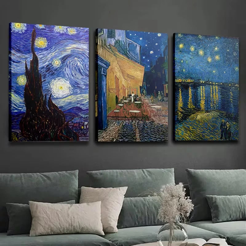 3pcs Gogh Starry Night Wall Art Set Canvas Framed 40x60cm – High Quality Print, 100% Australian Made, Ready to Hang