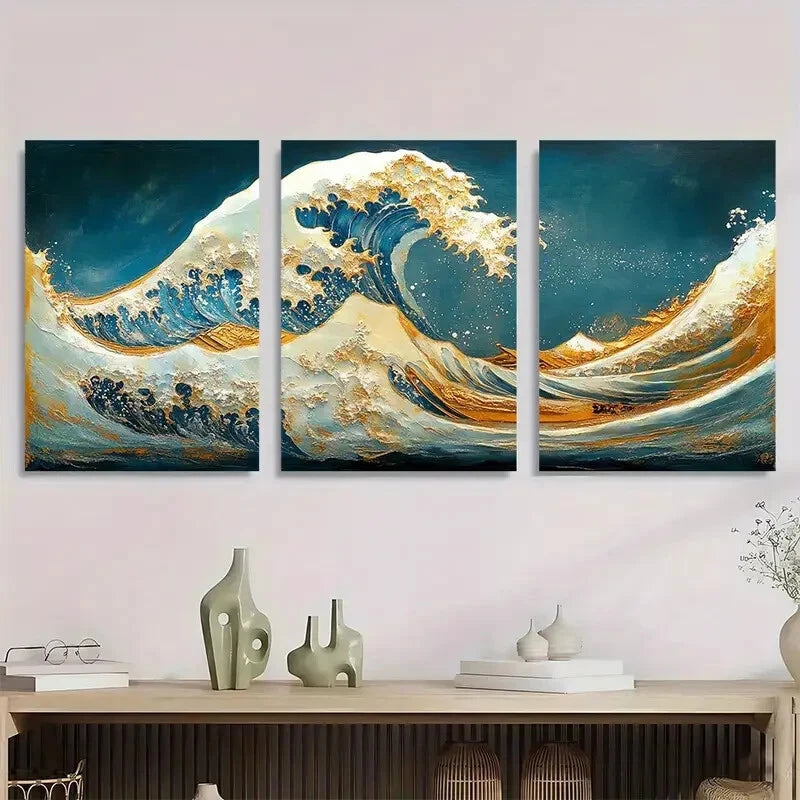 3pcs Great Wave Off Kanagawa Panoramic Metal Print Ready to Hang Art - Bella Home Decor