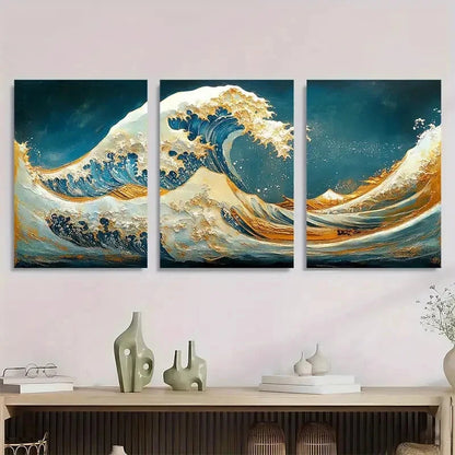 3pcs Great Wave Off Kanagawa Panoramic Metal Print Ready to Hang Art - Bella Home Decor