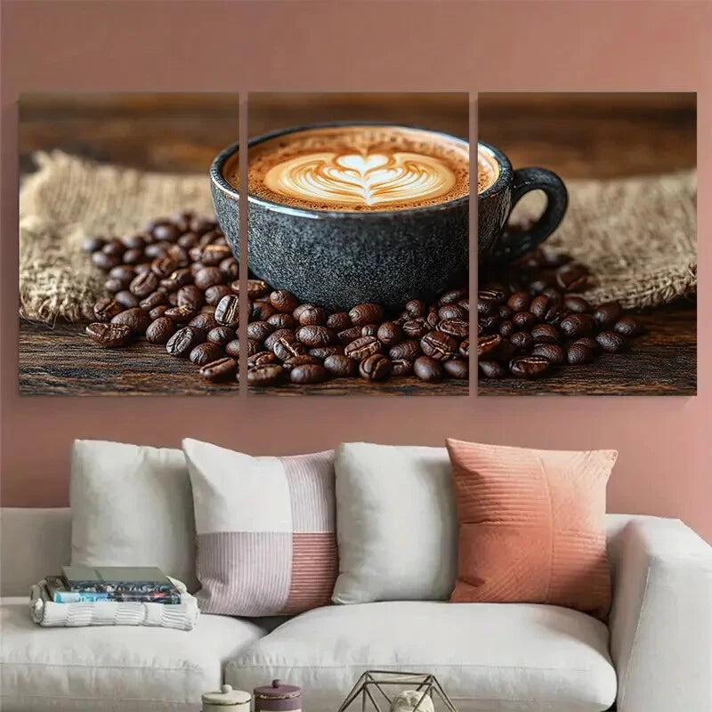 3pcs Coffee Cup with Latte on Coffee Sack Beans Metal Print Ready to Hang Art - Bella Home Decor