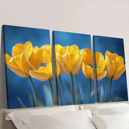 3pcs Yellow Tulip Blue and Yellow yu Wall Art Set Canvas Unframed - High Quality Print 100% Australian Made Wall Canvas
