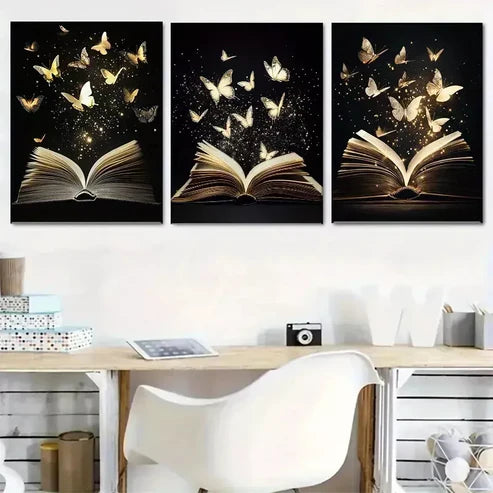 3 PCS Enchanted Book Wrapped Pine Wood Frame Wall Art Set Canvas Unframed - High Quality Print 100% Australian Made Wall Canvas