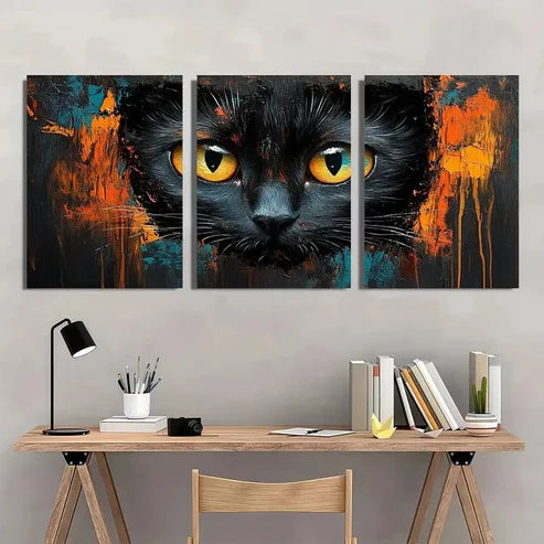 3pcs Dynamic Abstract Vibrant Black Cat Wall Art Set Canvas Unframed - High Quality Print 100% Australian Made Wall Canvas - Bella Home Decor