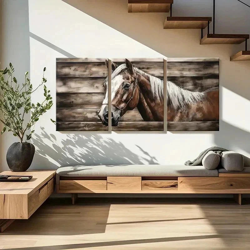 3pcs Horse with White Mane & Wooden Fence Wall Art Set Canvas Framed 50x70cm - High Quality Print 100% Australian Made Wall Canvas Ready to Hang
