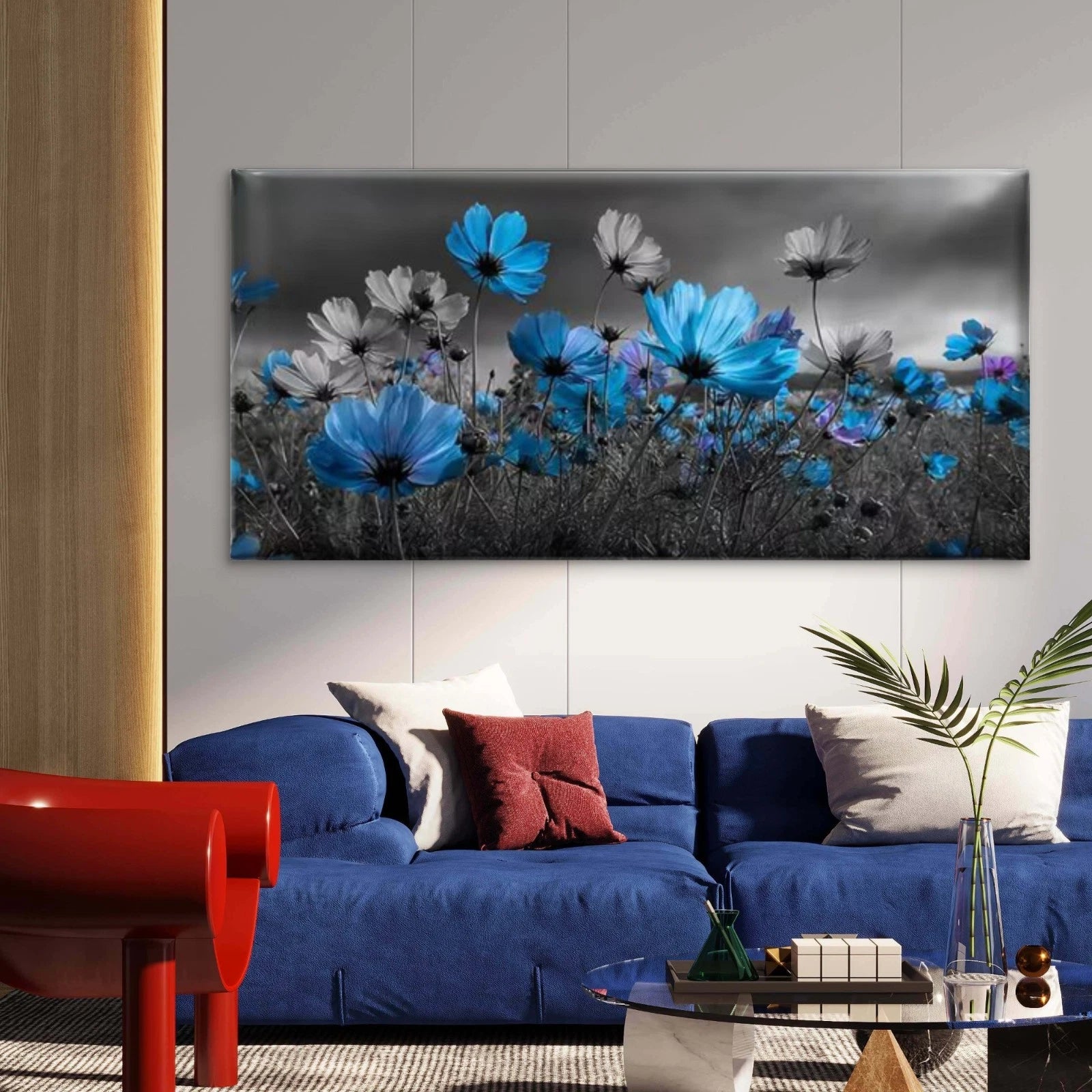 Vibrant Blue Floral Field Wall Art Canvas Office Home Room Framed 120x60cm - Bella Home Decor