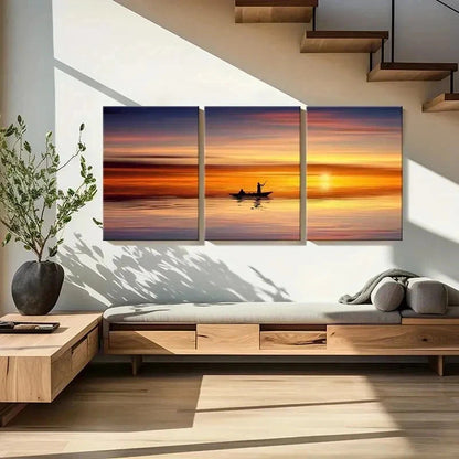 3pcs Fisherman Boat Under Sunset Wall Art Set Canvas Framed 60x90cm - High Quality Print 100% Australian Made Wall Canvas Ready to Hang