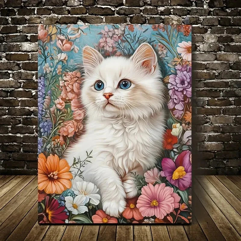 Vibrant Floral Design with Blue Eyed Cat Painting 40x60cm Metal Print Ready to Hang - Bella Home Decor