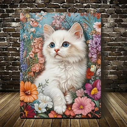 Vibrant Floral Design with Blue Eyed Cat Painting 40x60cm Metal Print Ready to Hang - Bella Home Decor