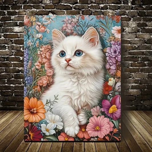 Vibrant Floral Design with Blue Eyed Cat Painting 40x60cm Metal Print Ready to Hang - Bella Home Decor