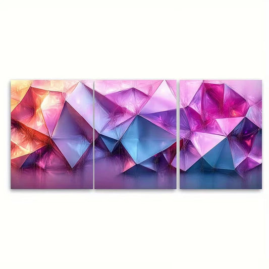 3pcs Abstract Pink and Purple Geometric Metal Print Ready to Hang Art - Bella Home Decor