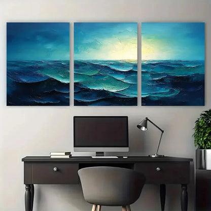 3pcs Vibrant Blue Green Textured Abstract Metal Print Ready to Hang Art - Bella Home Decor