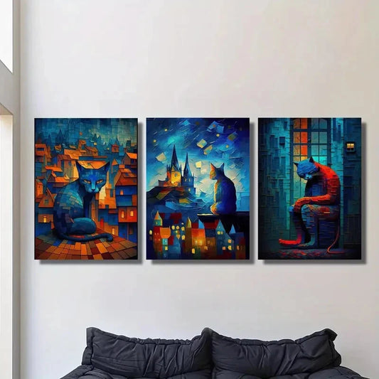 3pcs Cat sitting on the roof under starry night Metal Print Ready to Hang Art