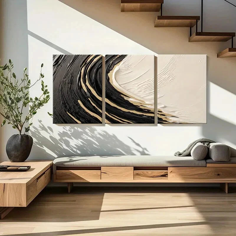 3pcs Abstract Art Black White Golden Swirl Design Metal Print Ready to Hang Art - Bella Home Decor