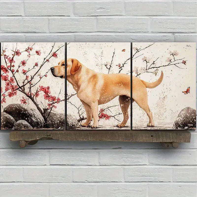 3pcs Dog & Cherry Blossom Modern Metal Print Ready to Hang Art - Bella Home Decor