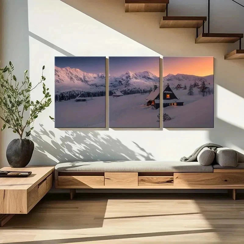 3pcs Snow Scene Cabin & Snow Mountain Landscape Wall Art Set Canvas Framed 50x70cm - High Quality Print 100% Australian Made Wall Canvas Ready to Hang