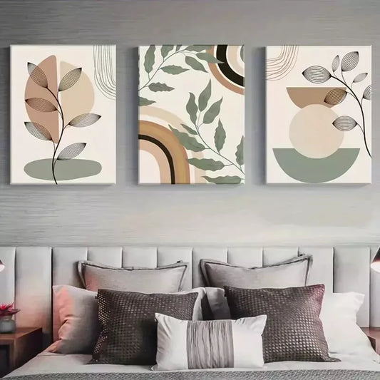 3pcs Minimalist Botanical Geometric Print Wall Art Set Canvas Framed 50x70cm - High Quality Print 100% Australian Made Wall Canvas Ready to Hang