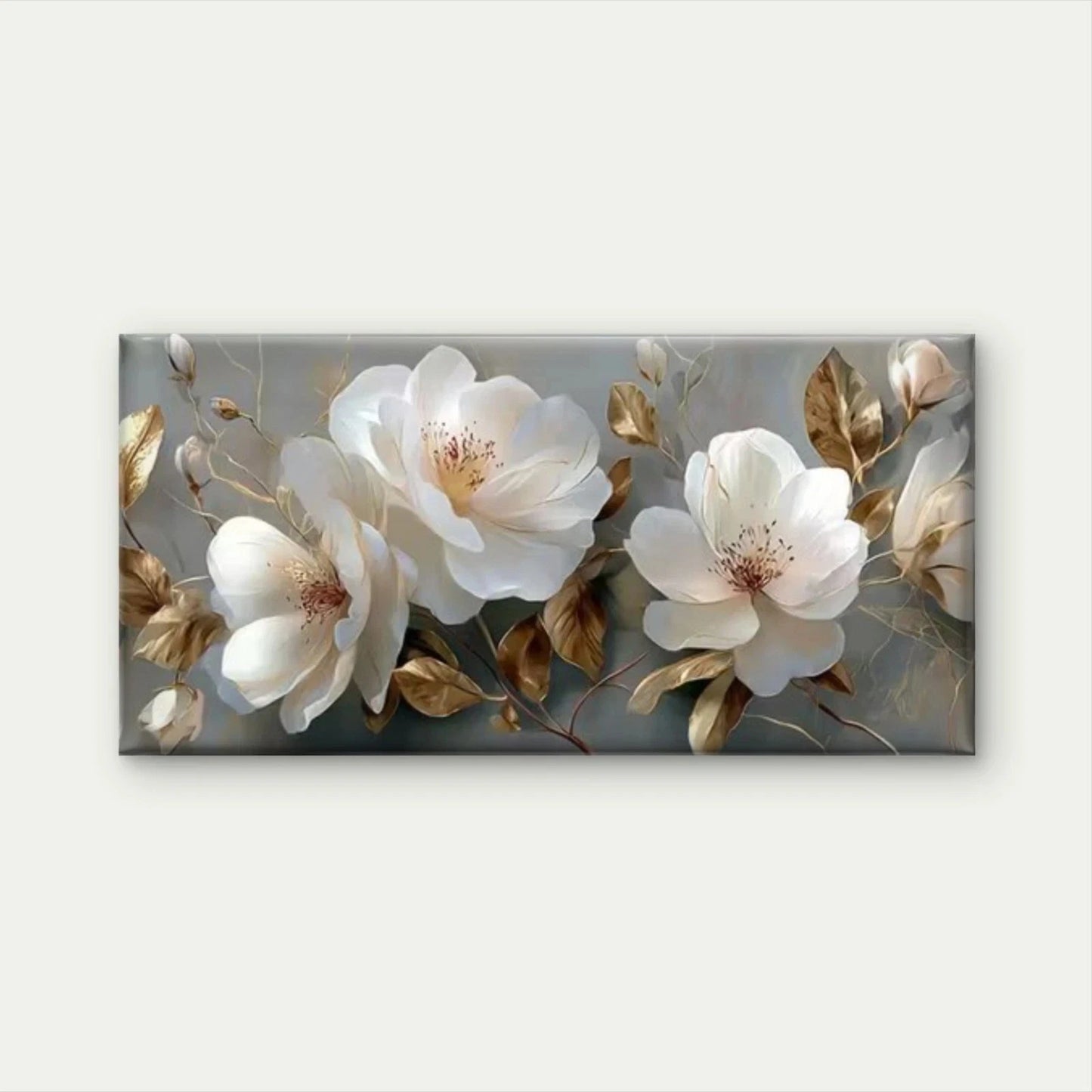 Elegant White & Golden Flowers Wall Art Canvas Office Home Room Framed 120x60cm